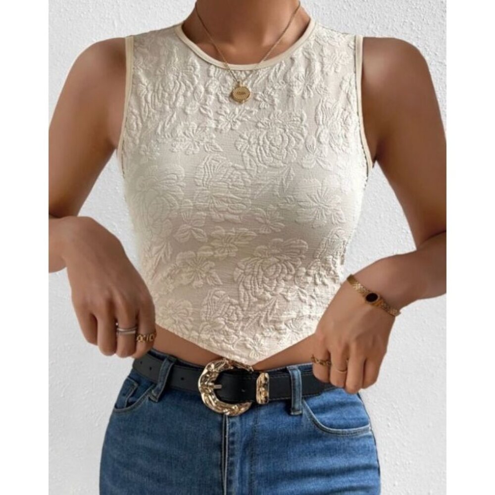Asymmetrical Floral Jacquard Hanky Hem Slim Fit Crop Tank Top Apricot Sz 8
